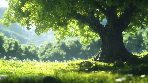 Radiant oak canopy under volumetric backlit sunlight rendering.