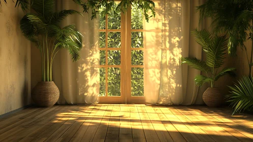 Digital tropical sunlit interior with natural wood structure.