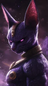 Purple anthropomorphic feline deity with ornate golden adornments.