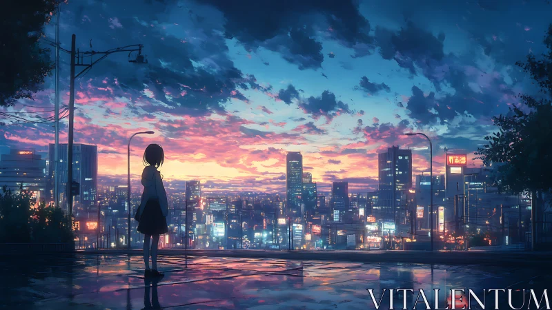 Solitary figure observing illuminated city at dusk skyline.