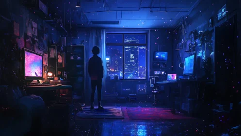 Solitary silhouetted gamer surveys neon city through studio window