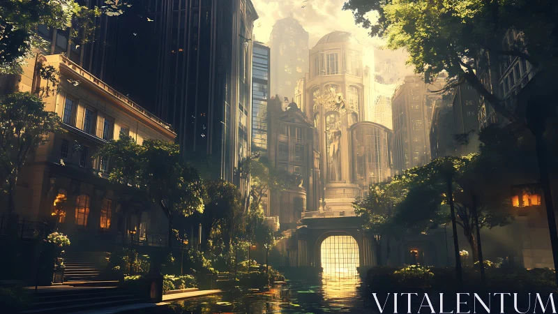 Urban cathedral courtyard at golden hour with architectural symmetry.