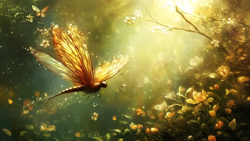 Golden dragonfly gliding through glowing floral meadow.