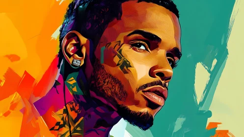 Vibrant digital portrait of man in bold abstract color fields.