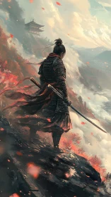 Storm-wrapped samurai measures the clouds before descending