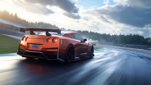 High-downforce orange GT-R accelerates on wet racetrack apex