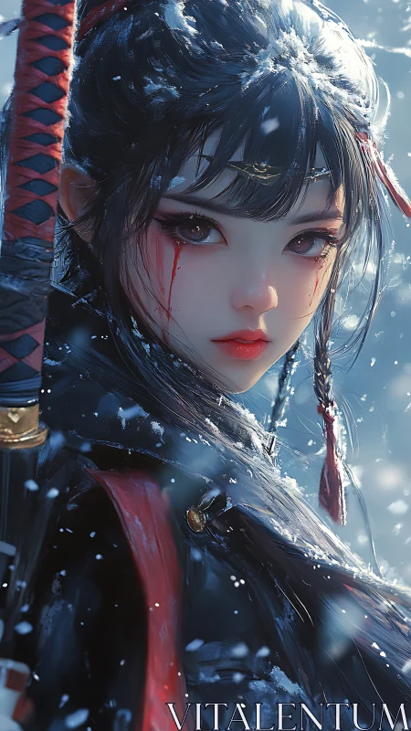 Snow-swept swordmaiden with crimson tears and winter fire.
