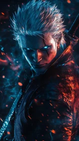 White haired warrior in blue and orange infernal glow.