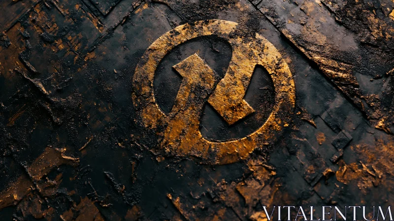 Gold circular symbol embossed on dark textured metal surface