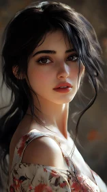 Digital portrait presents a young woman with side lighting