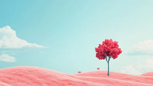 Dreamy pink hillside with a solitary tree under soft skies.