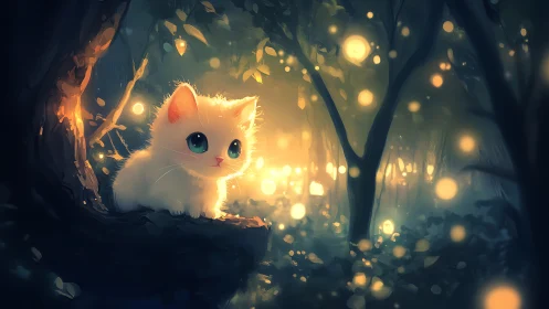 White Feline in Illuminated Forest Environment