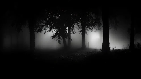 Whispering silhouettes drift through a midnight fogbound forest.