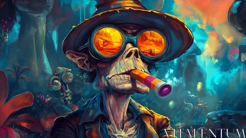 Psychedelic skeleton drifter with neon goggles in alien forest.