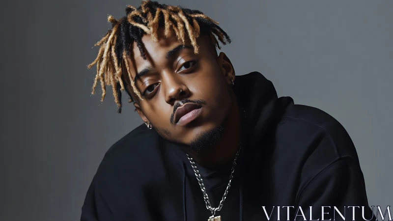 Brooding street poet in monochrome hoodie calm.