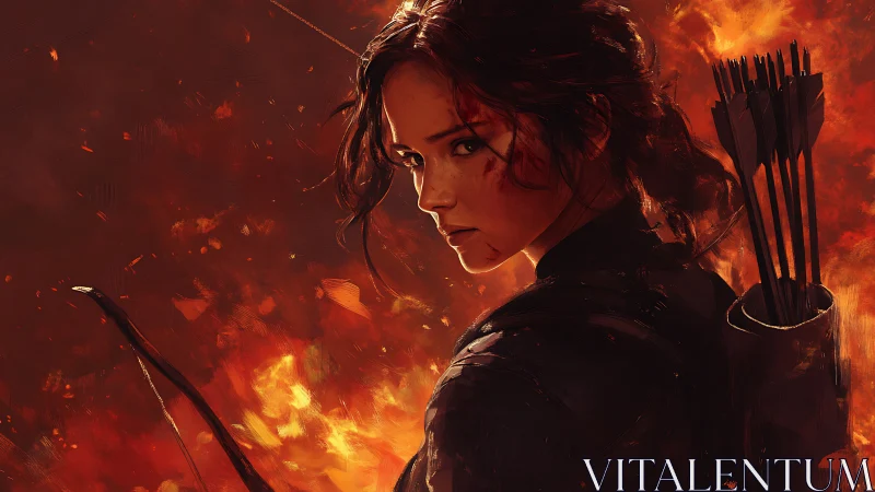 Archer in three-quarter profile against turbulent inferno backdrop