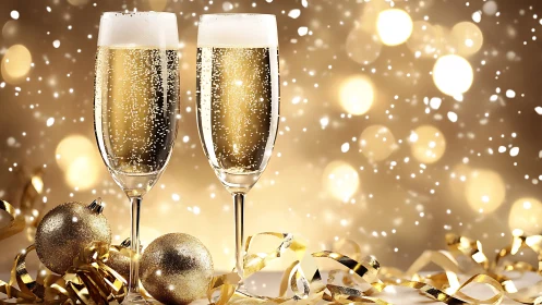 Sparkling champagne flutes amid glowing festive bokeh.
