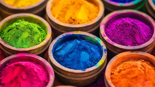 Vibrant pigment powders arranged in earthen bowls under vivid light