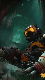 Fallen exosuit explorer in bioluminescent subterranean cavern
