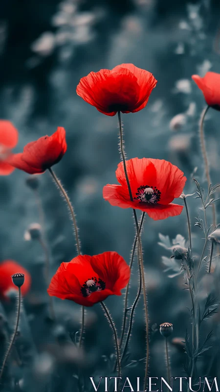 Vibrant red poppies bloom against a soft teal landscape