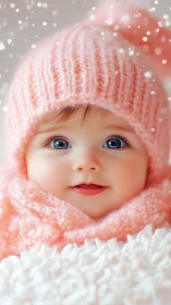 Pink-Wrapped Infant in Snowy Setting.