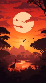 Radiant savanna silhouettes under oversized equatorial sun.