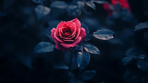 Vivid Crimson Rose Blooming Against Deep Tonal Background