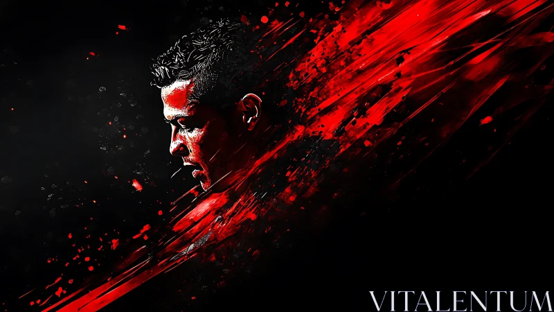 Red splatter portrait bursts from dark minimalist void.