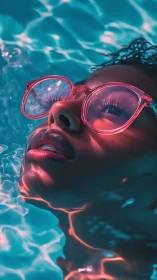 Neon pool portrait with reflective pink eyewear and rippled light.