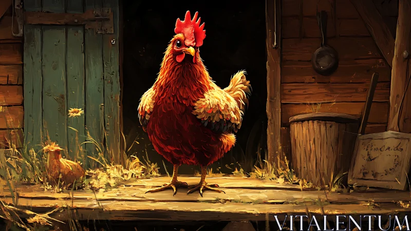 Vibrant Red Rooster in Rustic Farmyard Setting with Warm Golden Lighting.