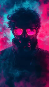 Neon-drenched rebel in smoke-lit visor and gas mask haze.
