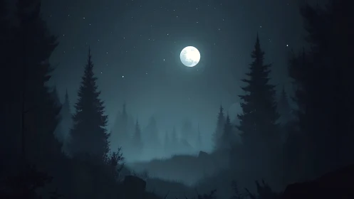 Moonlit Forest with Glowing Moon Over Misty Pine Trees