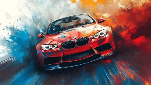 Bold red sports car racing through painted color storm.