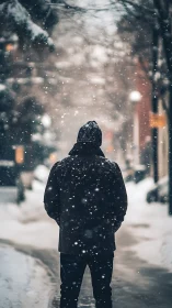 Backlit winter pedestrian in shallow-depth urban snowfall scene