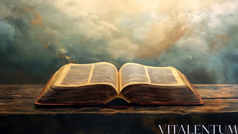 Ancient sky-lit scripture resting on a weathered wooden altar.