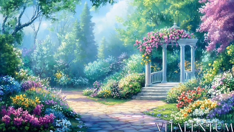 Sunlit floral gazebo along winding stone garden path.