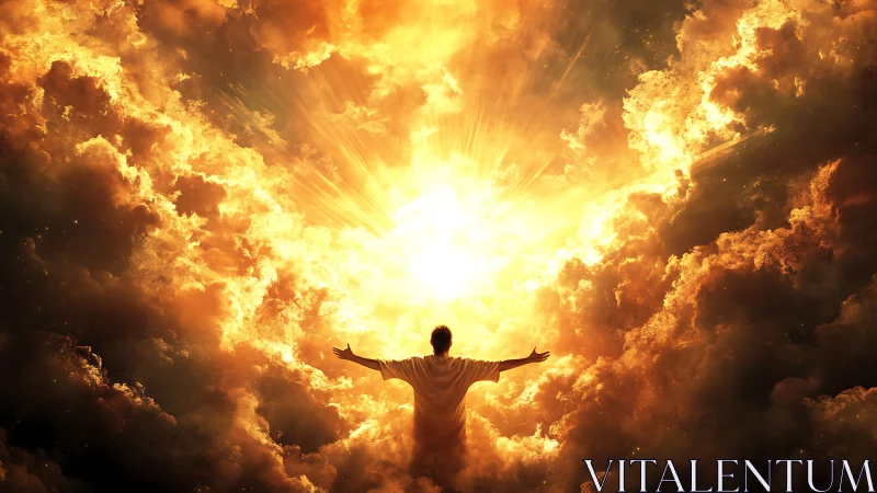 Embracing radiant light within a glowing golden sky portal.