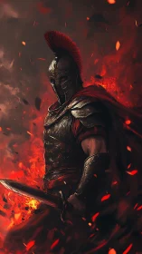 Flaming legionnaire in bronze armor amid swirling embers.