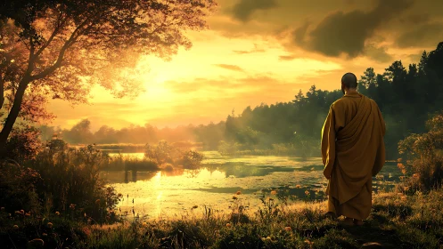 Monk in golden sunset by a quiet, soul-soothing lake shore.