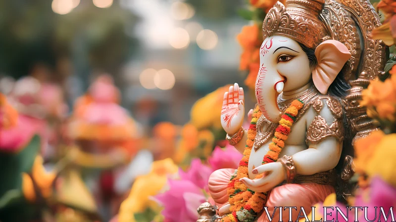 Ganesha idol sits amid vibrant flowers with warm bokeh lights