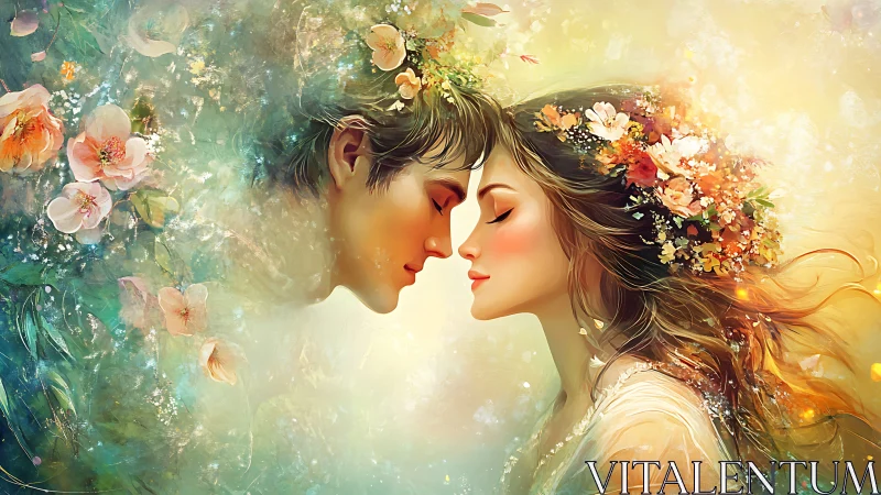 Two Figures in Floral Reverie, Romantic Digital Artwork.