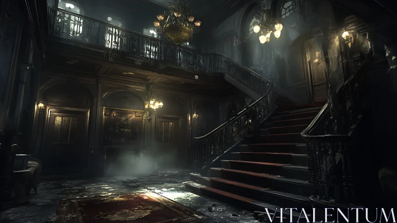 Grand decaying mansion foyer with sweeping staircase.