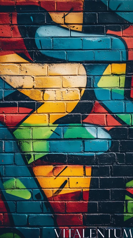 Multicolored geometric graffiti covers a textured brick wall