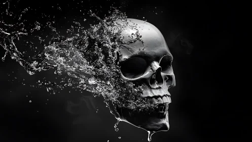 Hydrodynamic metallic skull disintegrating into fluid spray.
