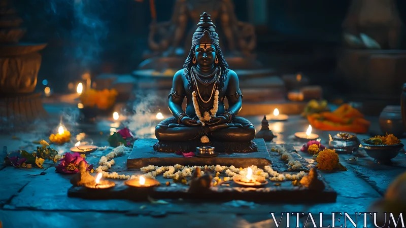 Sacred Shiva statue illuminated by ritual oil lamps and garlands