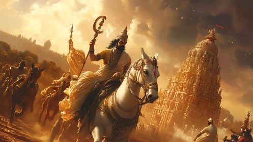 Mythic warrior king riding toward sunlit temple battlements.