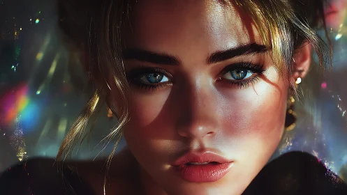 Digital close-up portrait depicts a woman’s illuminated face