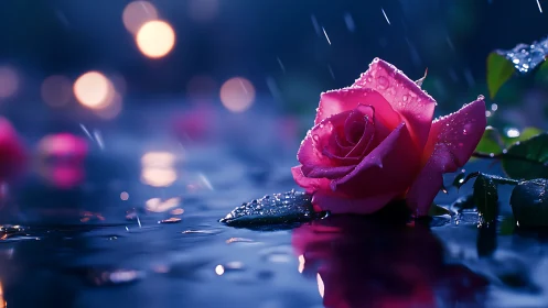 Pink rose in rain with bokeh lighting and wet surface reflection