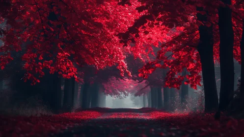 Red Autumn Forest Path at Twilight.