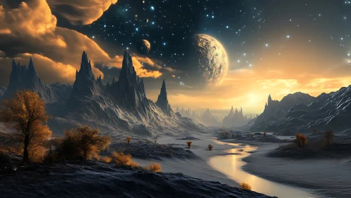 Alien river valley glows beneath twin moons at sunrise.